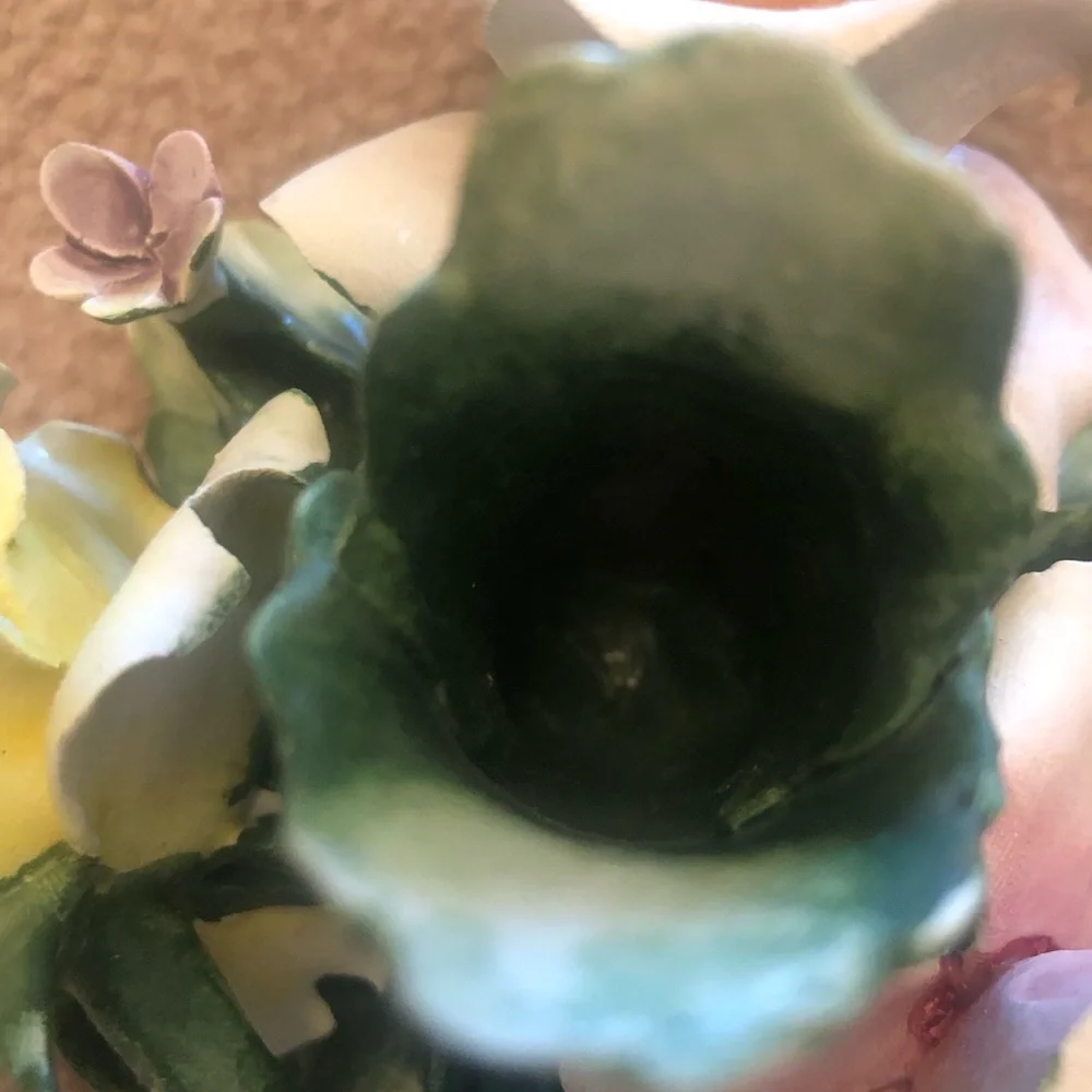 Vintage Capodimonte Yellow Rose Floral Accent with Green Leaves Candleholder